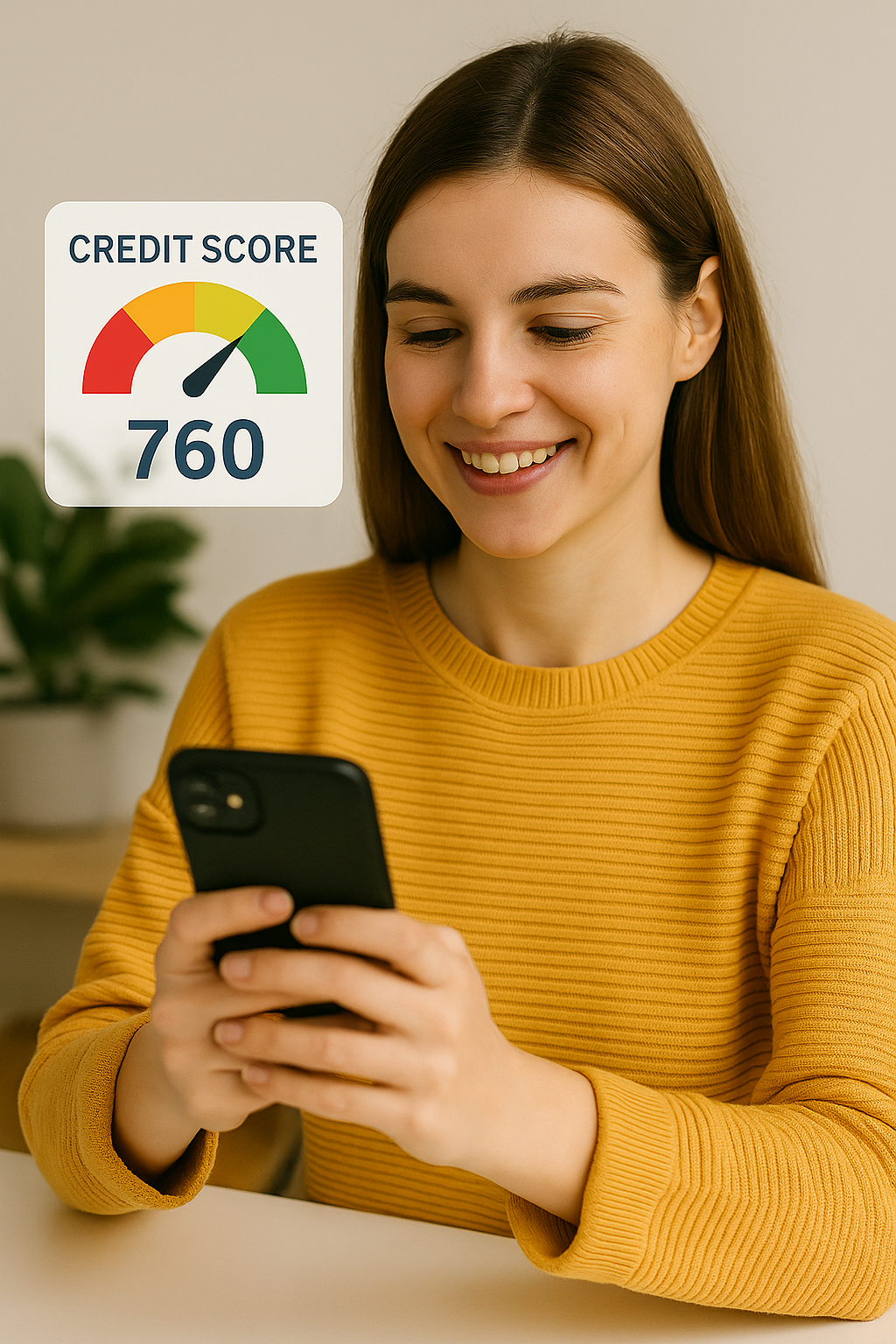 Smiling woman checking her credit score on smartphone