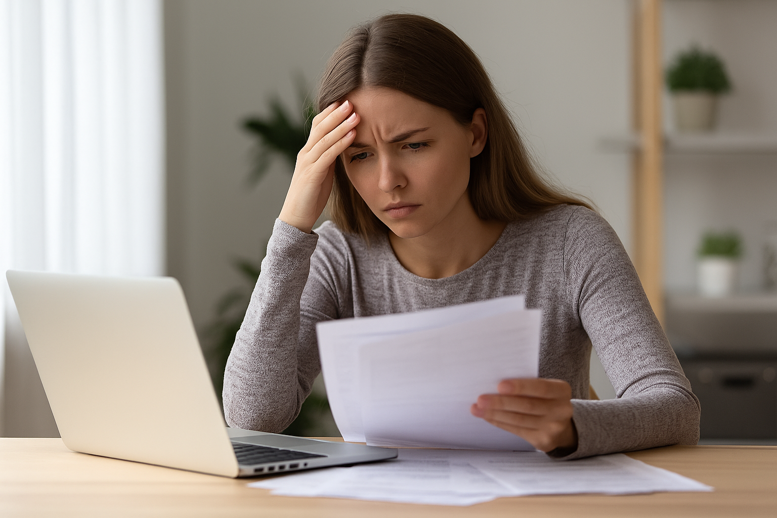 Worried woman looking at bills – emergency loan stress 2025