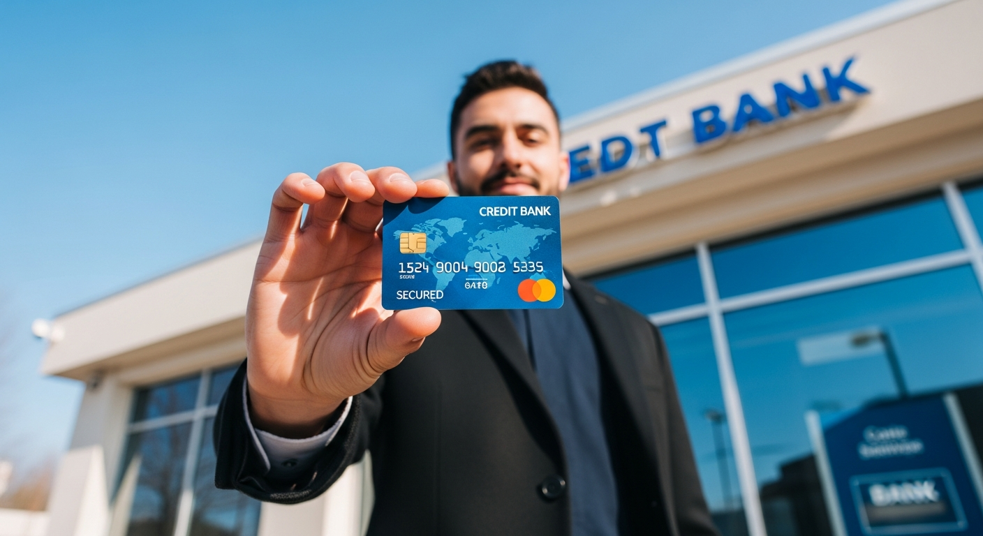 man holding secured credit card outside bank